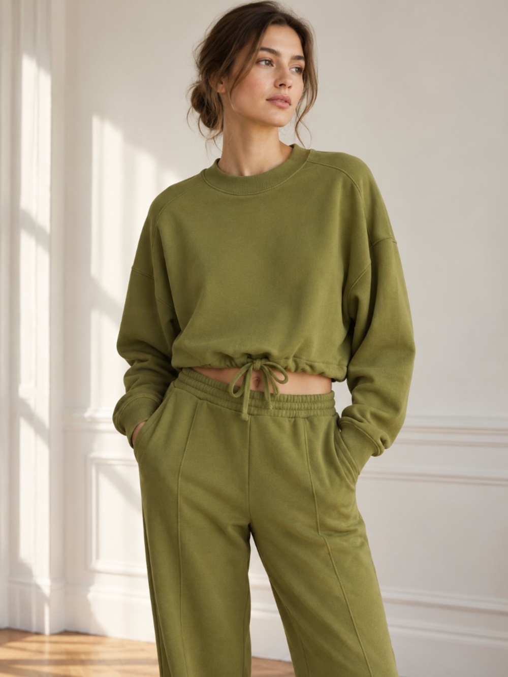 Rebecca Taylor Cropped Terry Sweatshirt With Drawcord in Green size Medium